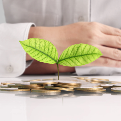 Two leaves growing out of a pile of coins with person behind it crossing arms