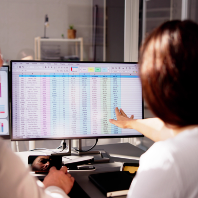 Two people looking at table on computer screen