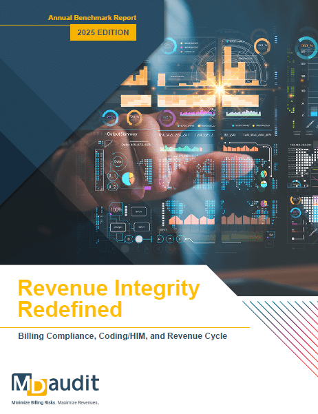 2025 benchmark report cover - mdaudit 2025 healthcare revenue integrity trends: rising denials, more payer audits, improved audit outcomes through technology, and worsening outpatient coding accuracy.