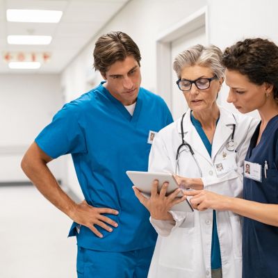 Doctor and nurse discussing patient case at hospital