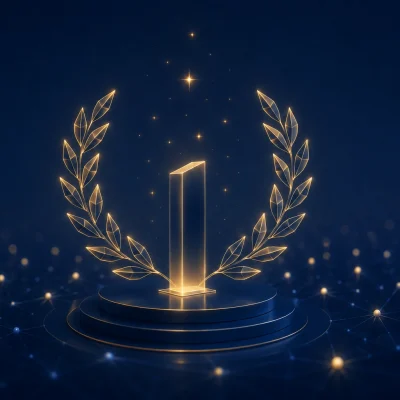 Gold laurel wreath around a glowing award column on deep navy