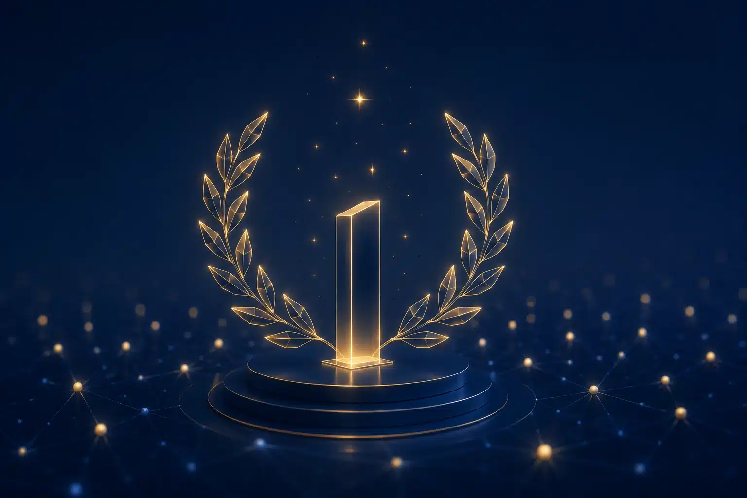 Gold laurel wreath around a glowing award column on deep navy