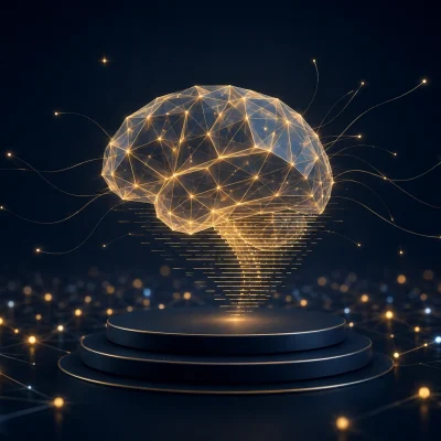 Glowing wireframe brain over a podium on deep navy, gold light