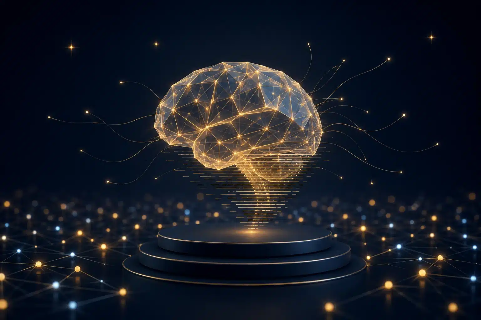 Glowing wireframe brain over a podium on deep navy, gold light